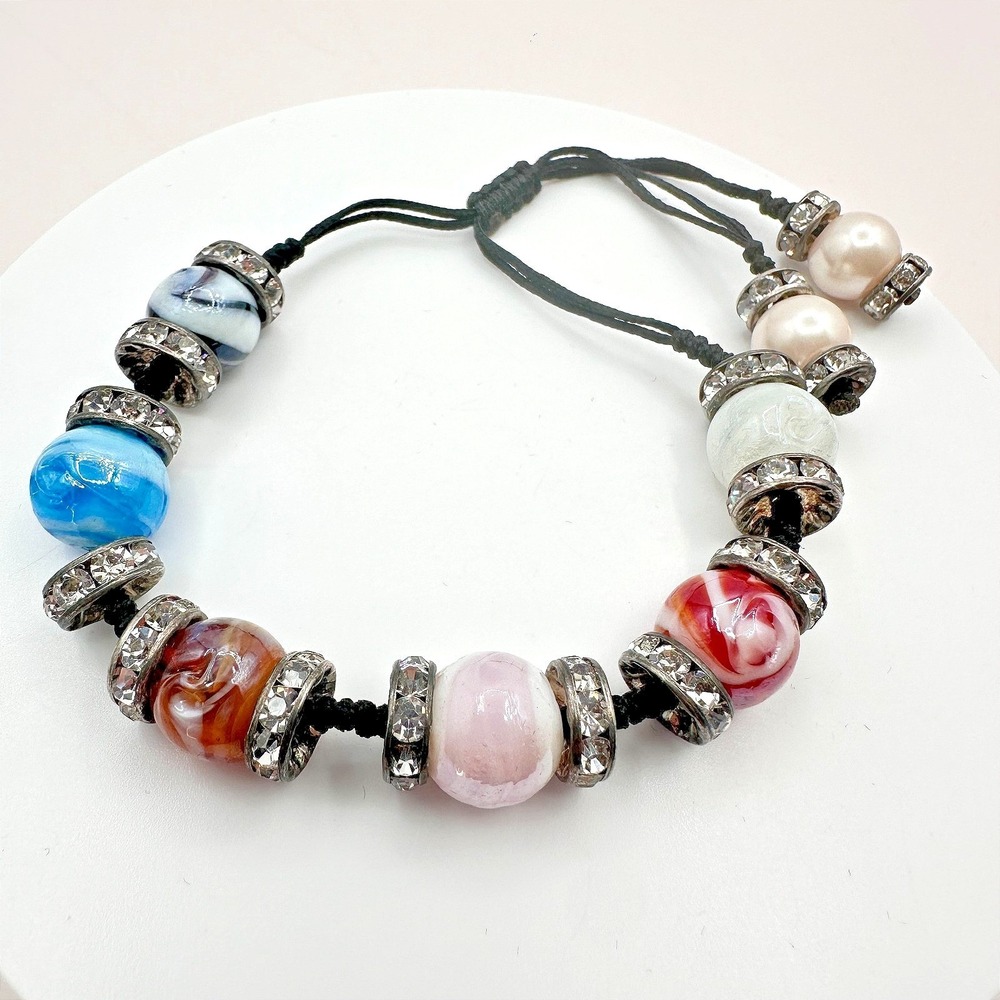 Vintage 90s Black Cord Glass Beaded Rhinestone Bracelet Silver Tone Jewelry‎